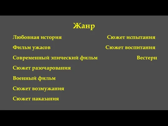 Жанр Любовная история Фильм ужасов Современный эпический фильм Вестерн Военный фильм