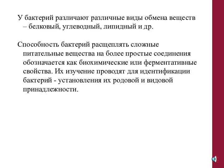 У бактерий различают различные виды обмена веществ – белковый, углеводный, липидный