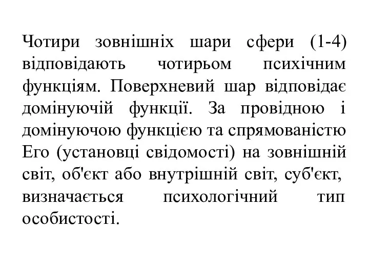 Чотири зовнішніх шари сфери (1-4) відповідають чотирьом психічним функціям. Поверхневий шар