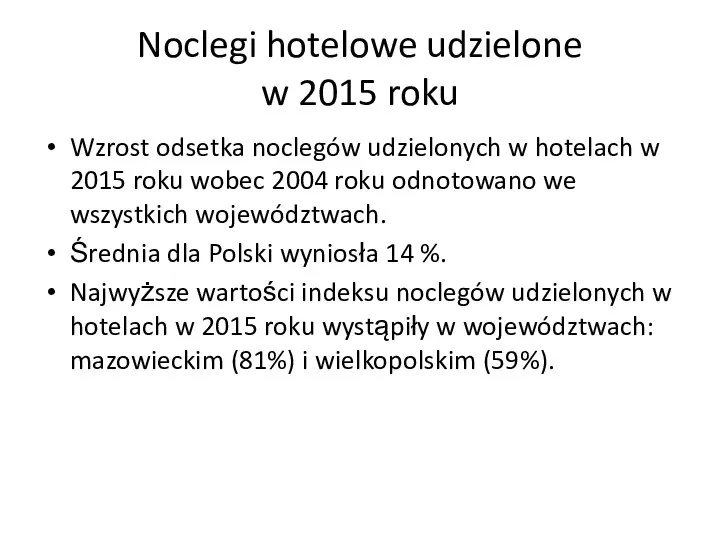 Noclegi hotelowe udzielone w 2015 roku Wzrost odsetka noclegów udzielonych w