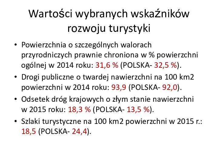 Wartości wybranych wskaźników rozwoju turystyki Powierzchnia o szczególnych walorach przyrodniczych prawnie