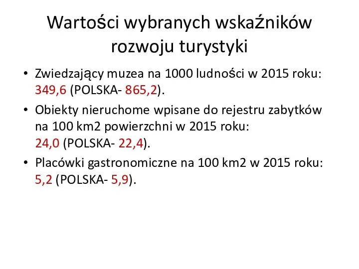 Wartości wybranych wskaźników rozwoju turystyki Zwiedzający muzea na 1000 ludności w