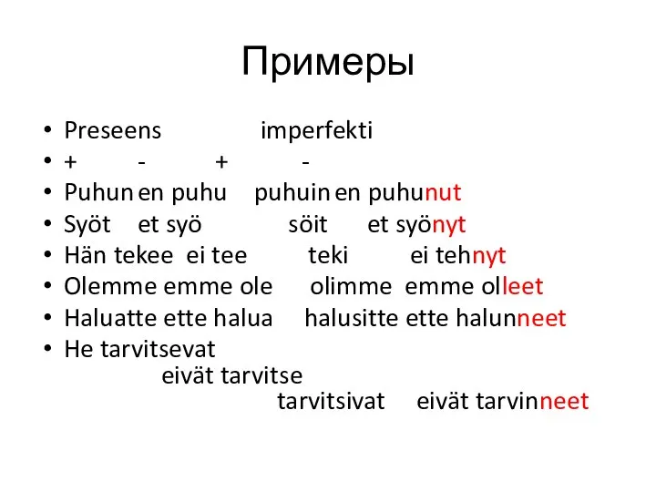 Примеры Preseens imperfekti + - + - Puhun en puhu puhuin