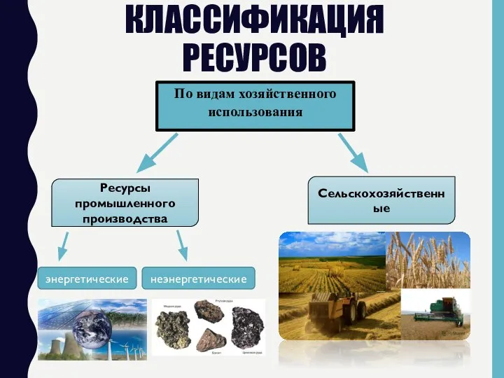 КЛАССИФИКАЦИЯ РЕСУРСОВ По видам хозяйственного использования Ресурсы промышленного производства Сельскохозяйственные энергетические неэнергетические