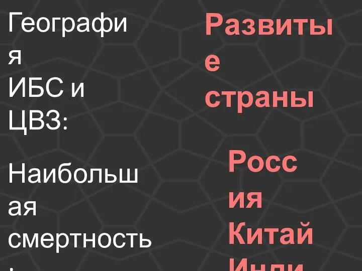 География ИБС и ЦВЗ: Развитые страны Наибольшая смертность: Россия Китай Индия