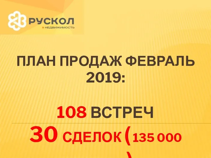 ПЛАН ПРОДАЖ ФЕВРАЛЬ 2019: 108 ВСТРЕЧ 30 СДЕЛОК ( 135 000 000РУБ)