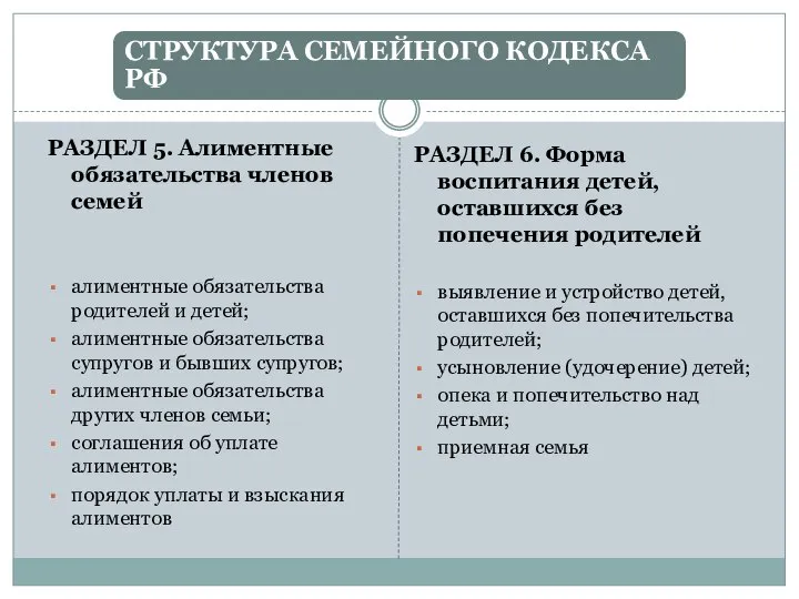 РАЗДЕЛ 5. Алиментные обязательства членов семей алиментные обязательства родителей и детей;