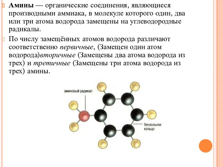 Амины — органические соединения, являющиеся производными аммиака, в молекуле которого один,