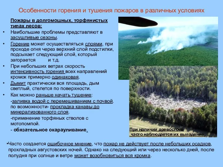 Особенности горения и тушения пожаров в различных условиях Пожары в долгомошных,