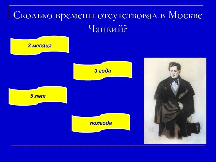 Сколько времени отсутствовал в Москве Чацкий? 3 месяца 3 года 5 лет полгода