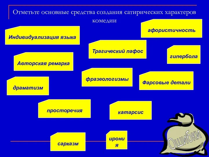 Отметьте основные средства создания сатирических характеров комедии сарказм ирония катарсис Фарсовые