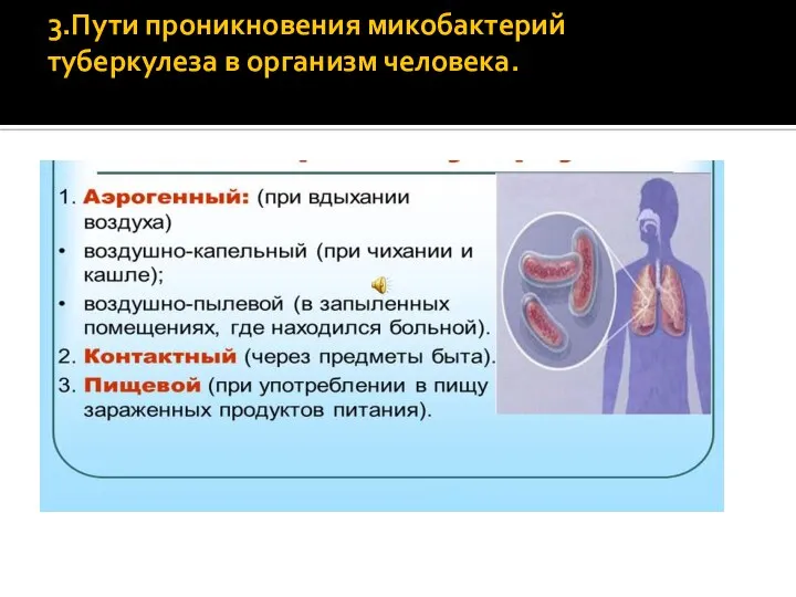 3.Пути проникновения микобактерий туберкулеза в организм человека. 3.Пути проникновения микобактерий туберкулеза в организм человека.