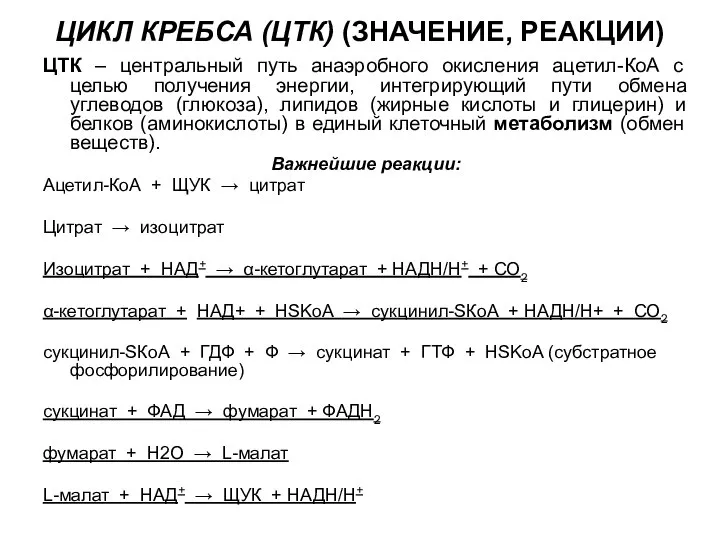 ЦИКЛ КРЕБСА (ЦТК) (ЗНАЧЕНИЕ, РЕАКЦИИ) ЦТК – центральный путь анаэробного окисления