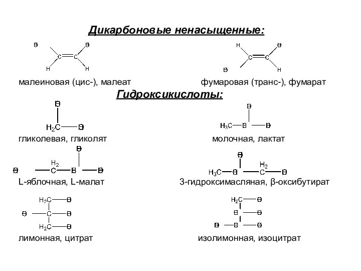 Дикарбоновые ненасыщенные: малеиновая (цис-), малеат фумаровая (транс-), фумарат Гидроксикислоты: гликолевая, гликолят