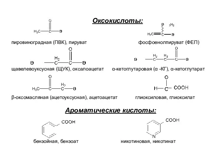 Оксокислоты: пировиноградная (ПВК), пируват фосфоенолпируват (ФЕП) щавелевоуксусная (ЩУК), оксалоацетат α-кетоглутаровая (α