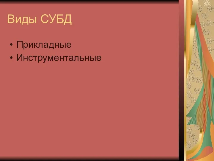 Виды СУБД Прикладные Инструментальные