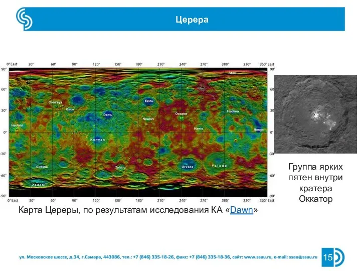 Церера Группа ярких пятен внутри кратера Оккатор Карта Цереры, по результатам исследования КА «Dawn»