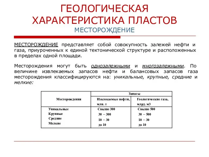 ГЕОЛОГИЧЕСКАЯ ХАРАКТЕРИСТИКА ПЛАСТОВ МЕСТОРОЖДЕНИЕ экранированные, нефтяные МЕСТОРОЖДЕНИЕ представляет собой совокупность залежей