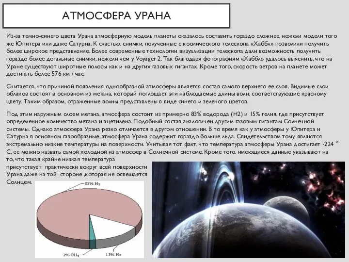 АТМОСФЕРА УРАНА Из-за темно-синего цвета Урана атмосферную модель планеты оказалось составить