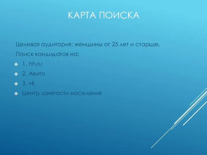 КАРТА ПОИСКА Целевая аудитория: женщины от 25 лет и старше. Поиск