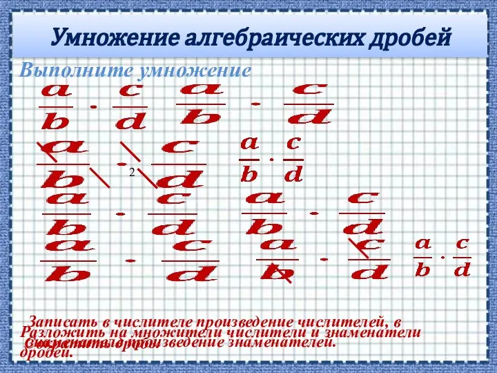 Умножение алгебраических дробей Выполните умножение Разложить на множители числители и знаменатели