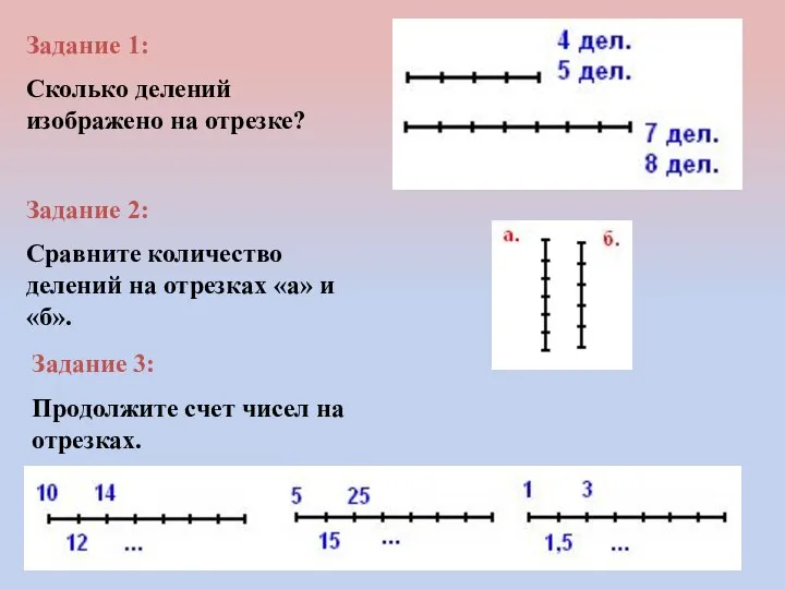 Задание 1: Сколько делений изображено на отрезке? Задание 2: Сравните количество