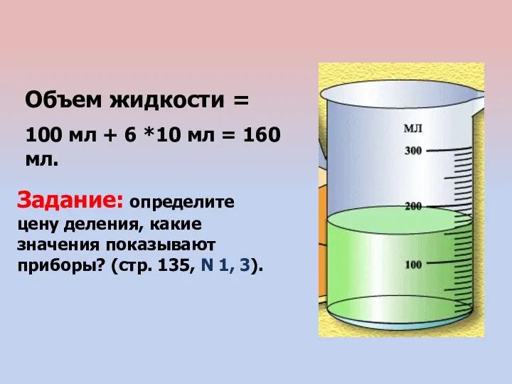 Объем жидкости = 100 мл + 6 *10 мл = 160