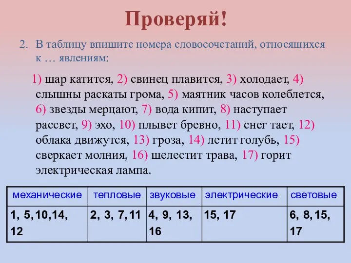 Проверяй! В таблицу впишите номера словосочетаний, относящихся к … явлениям: 1)