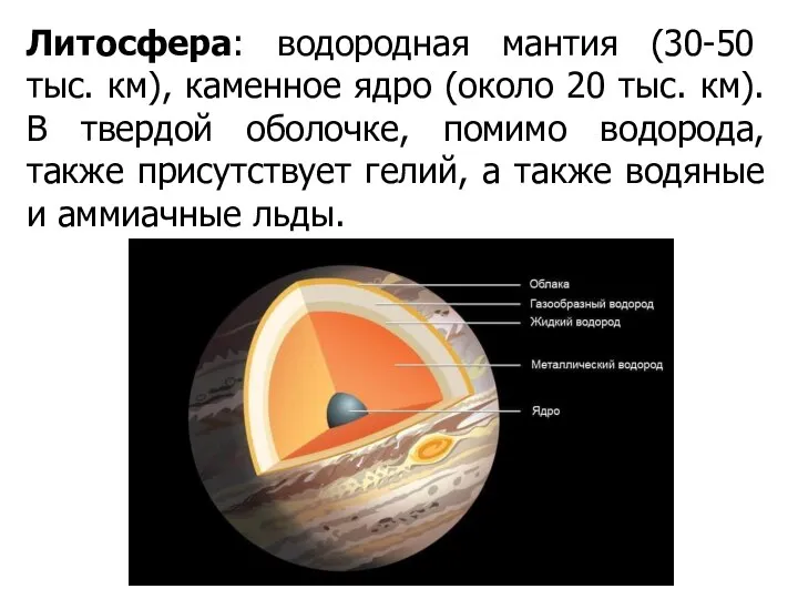 Литосфера: водородная мантия (30-50 тыс. км), каменное ядро (около 20 тыс.