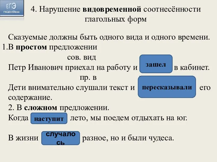 4. Нарушение видовременной соотнесённости глагольных форм Сказуемые должны быть одного вида