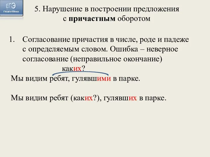 Согласование причастия в числе, роде и падеже с определяемым словом. Ошибка