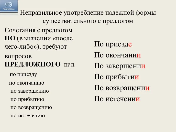 Неправильное употребление падежной формы существительного с предлогом Сочетания с предлогом ПО