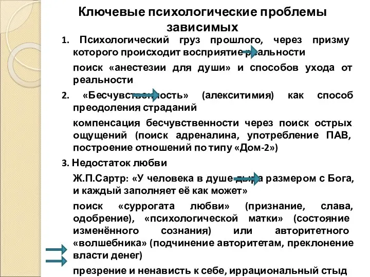 Ключевые психологические проблемы зависимых 1. Психологический груз прошлого, через призму которого