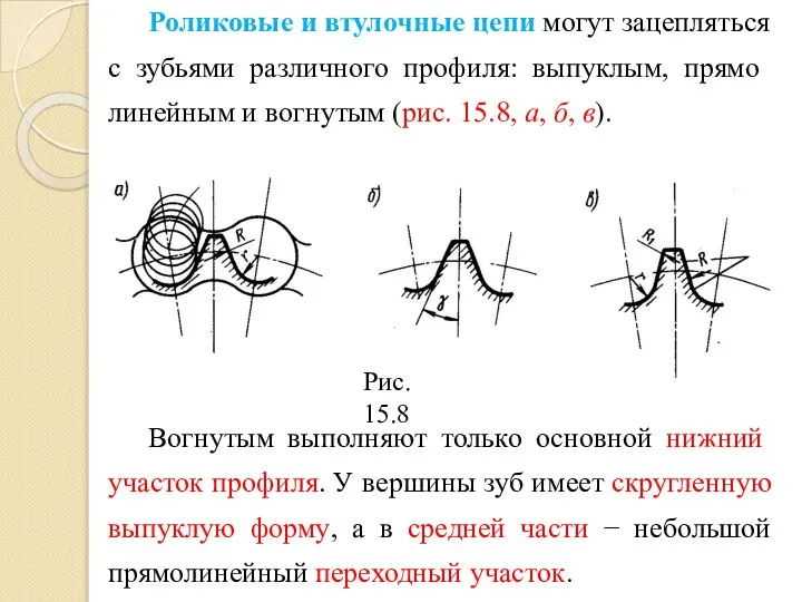 Роликовые и втулочные цепи могут зацеп­лять­ся с зубьями различного профиля: выпук­лым,