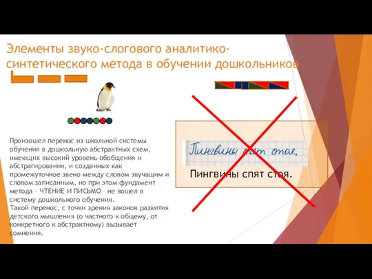 Элементы звуко-слогового аналитико-синтетического метода в обучении дошкольников Пингвины спят стоя. Произошел