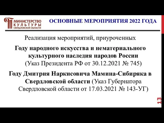 ОСНОВНЫЕ МЕРОПРИЯТИЯ 2022 ГОДА Реализация мероприятий, приуроченных Году народного искусства и