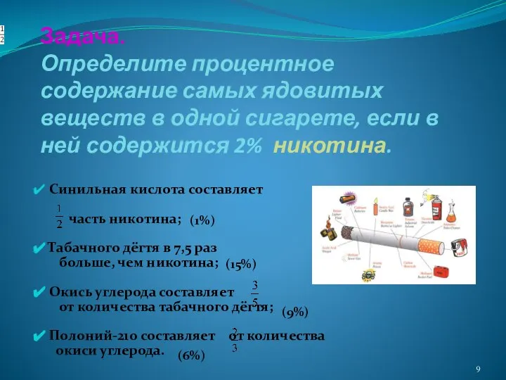 Задача. Определите процентное содержание самых ядовитых веществ в одной сигарете, если