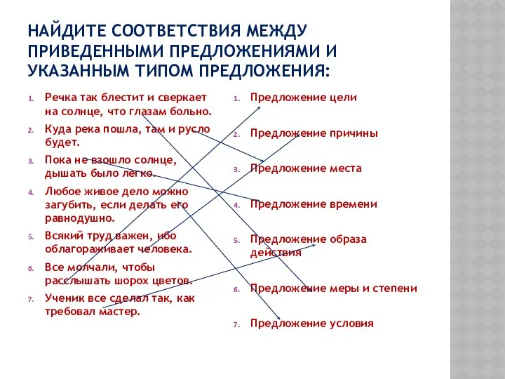 НАЙДИТЕ СООТВЕТСТВИЯ МЕЖДУ ПРИВЕДЕННЫМИ ПРЕДЛОЖЕНИЯМИ И УКАЗАННЫМ ТИПОМ ПРЕДЛОЖЕНИЯ: Речка так