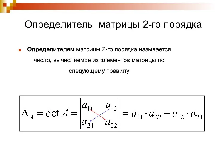 Определитель матрицы 2-го порядка Определителем матрицы 2-го порядка называется число, вычисляемое