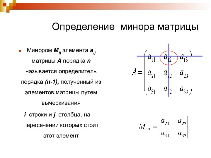 Определение минора матрицы Минором Mij элемента aij матрицы А порядка n