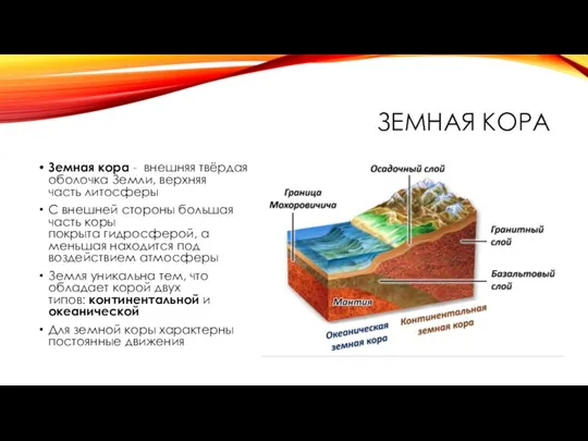 ЗЕМНАЯ КОРА Земная кора - внешняя твёрдая оболочка Земли, верхняя часть