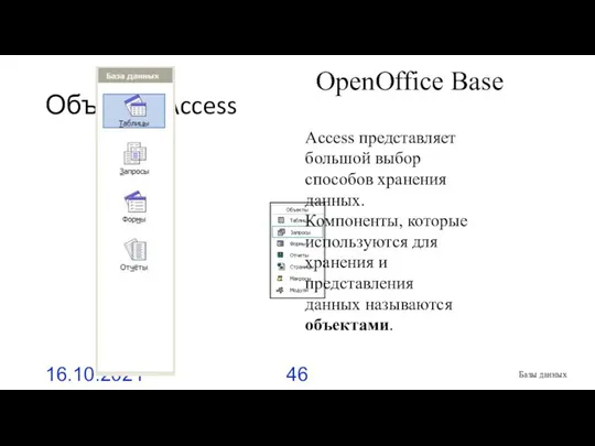 Объекты Access 16.10.2021 Базы данных Access представляет большой выбор способов хранения