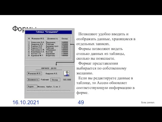 Формы 16.10.2021 Базы данных Позволяют удобно вводить и отображать данные, хранящиеся