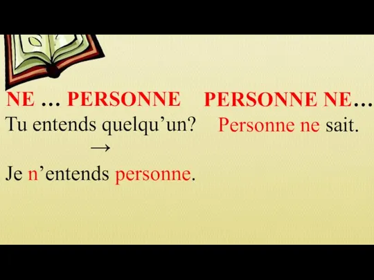 NE … PERSONNE Tu entends quelqu’un? → Je n’entends personne. PERSONNE NE… Personne ne sait.