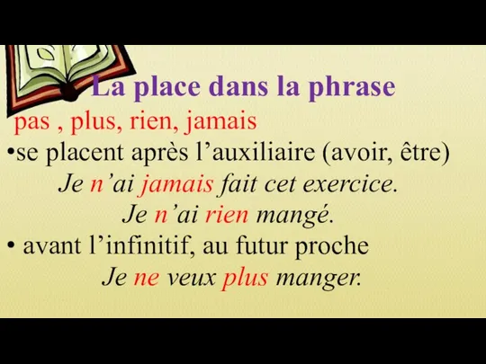 La place dans la phrase pas , plus, rien, jamais se