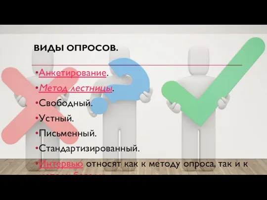 ВИДЫ ОПРОСОВ. Анкетирование. Метод лестницы. Свободный. Устный. Письменный. Стандартизированный. Интервью относят