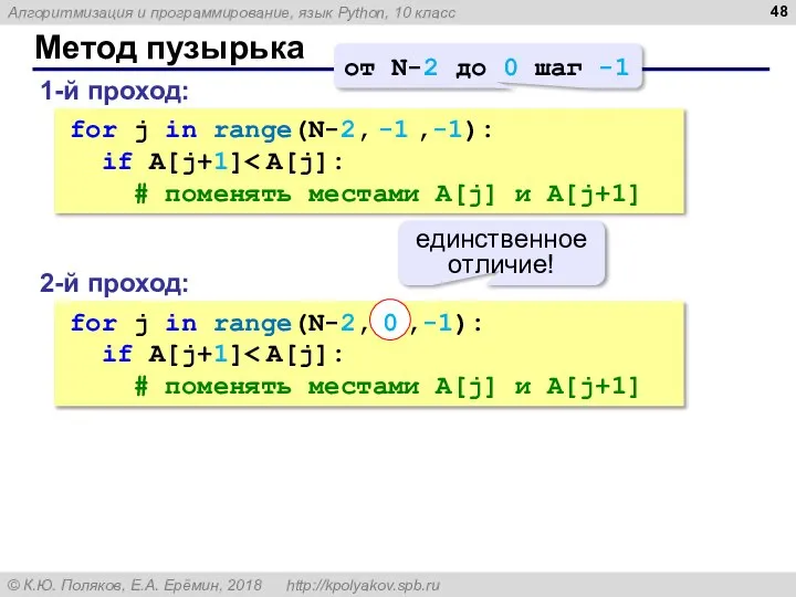 Метод пузырька 1-й проход: for j in range(N-2, -1 ,-1): if