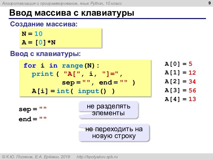 Ввод массива с клавиатуры Создание массива: Ввод с клавиатуры: N =