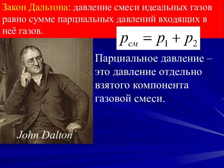 Закон Дальтона: давление смеси идеальных газов равно сумме парциальных давлений входящих