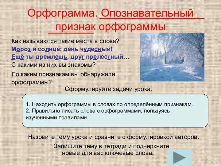 Орфограмма. Опознавательный признак орфограммы Как называются такие места в слове? Мороз